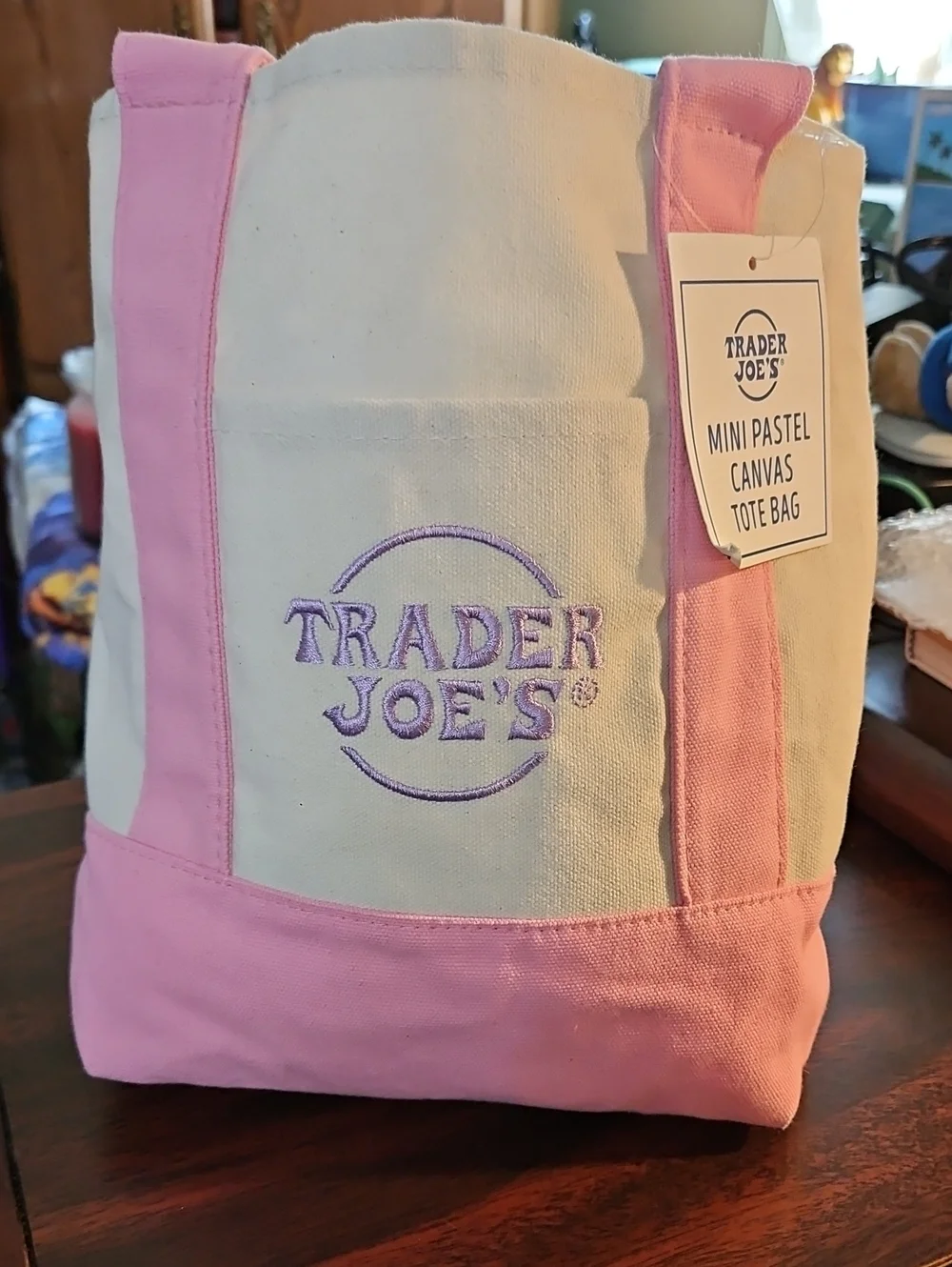 Trader Joe's Mini Canvas Tote Bag in Pink & Cream
